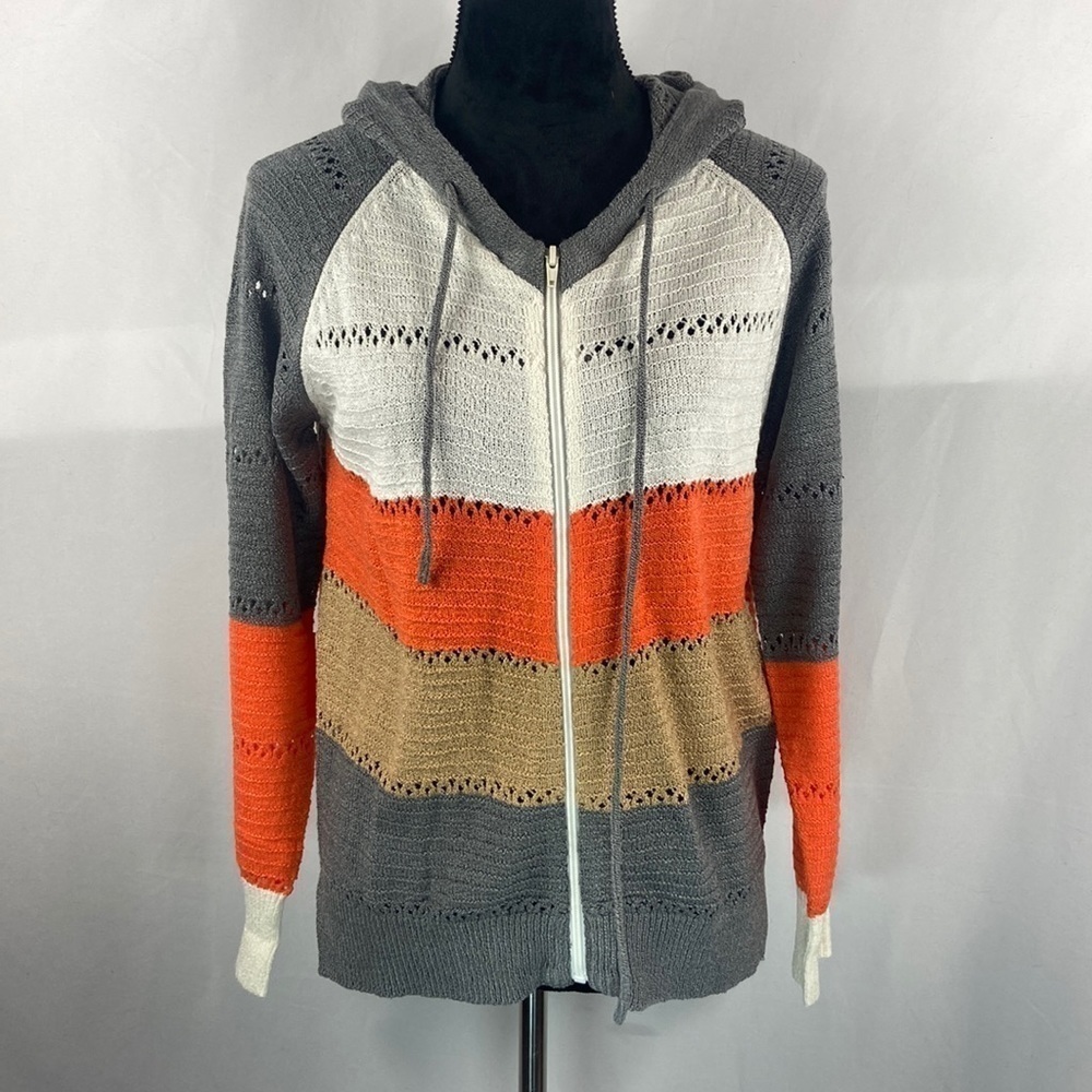 Women’s Long Sleeve Color Block Knit Zip Up Sweater with Hood - Picture 2 of 6